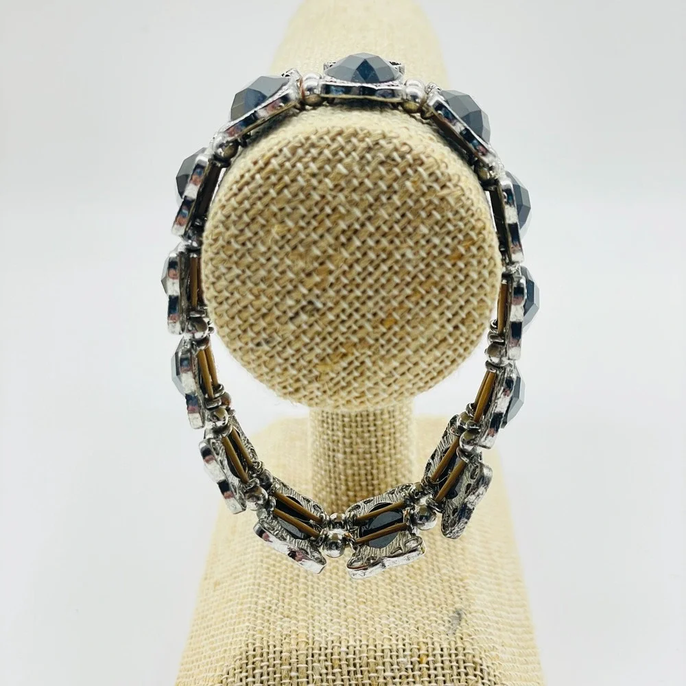 Black Beaded Stretch Bracelet Silver Tone Statement Fashion Costume Jewelry